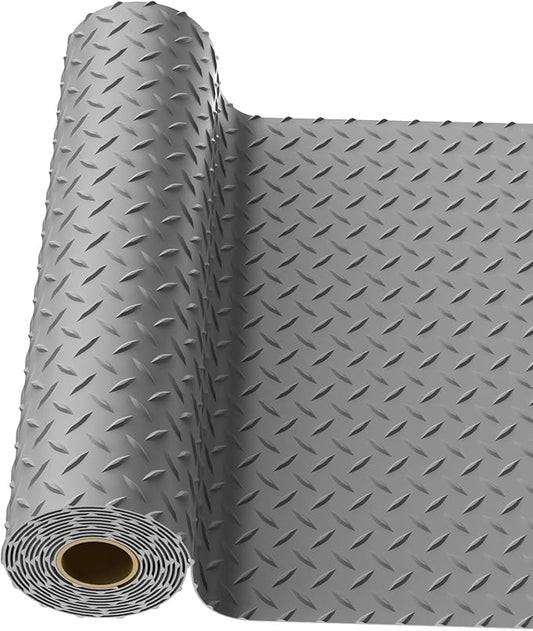 4x10 FT Garage Floor Mat, 2.8mm Thickened PVC Flooring Roll for Under Car, Golf Cart Parking Mat, Diamond Plate Gray Motorcycle Mat for Warehouse, Basement, Gyms, Trailer（Included Tapes）