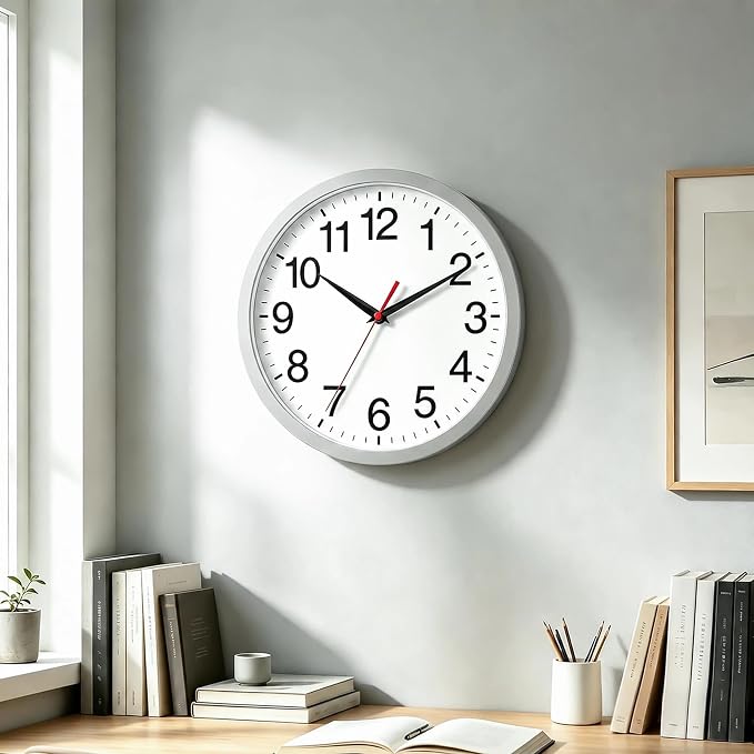 Rohioue 12 Inch Wall Clock Modern Battery Operated Silent Non Ticking Analog Clock Decorative for Bedroom Kitchen Bathroom Office Home Living Room (Silver)