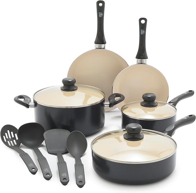 GreenLife 16-Piece Nonstick Cookware Set, Non-Toxic Ceramic Pots and Pans Set, Durable Healthy Kitchen Essentials, Fast Heating, Induction Ready, Easy Clean Dishwasher Safe, PFAS-Free, Graphite Black