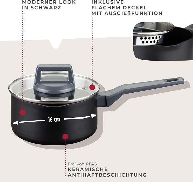 Fackelmann STATEMENT 16cm Cooking Pot, Recycled Aluminium, Non-Stick PFAS Free Ceramic Coating, Heat-Resistant Comfort Grip Handle, Glass Lid, All Stoves Including Induction, 32.5x16x8.5cm, Ash Grey