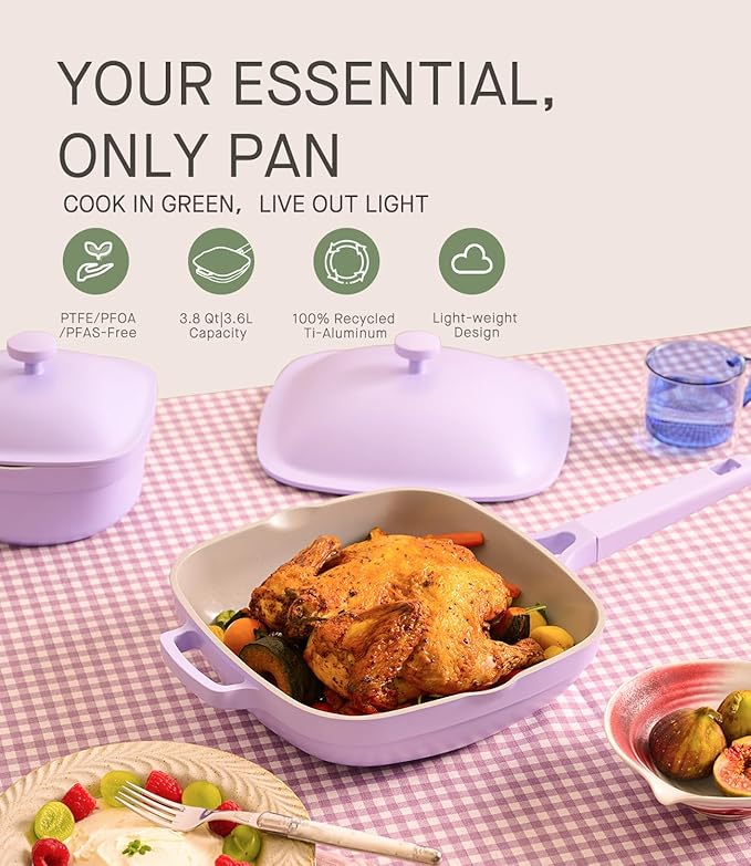 USELUCK 10.5 Inch(3.8QT) Ceramic Pan with Lid,Non Stick Frying Pans Cast Aluminum Deep Sauté Pans,Ti-Ceramic Non Toxic Pix Pan with Wooden Spatula and Scrubber-Dusk Petal