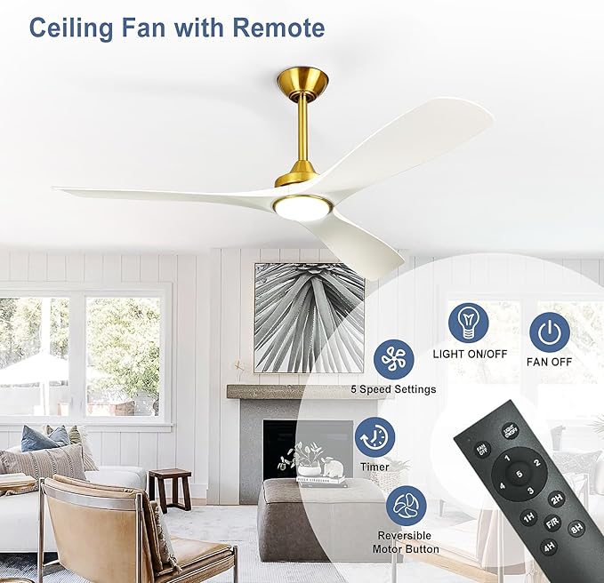 Outdoor Ceiling Fan with Light: 52 Inch 3 Blade Outdoor Fans for Patios - Modern White Gold Ceiling Fan with Remote Control Ultra Quiet Reversible DC Motor Timer