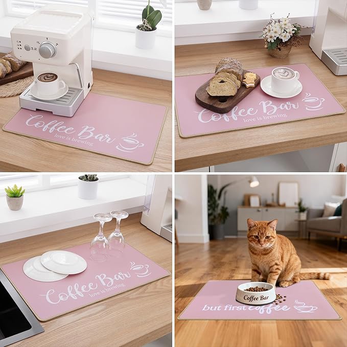 SHACOS Coffee Mat 2 Pack 12x19 Inch Absorbent Non Slip Rubber Bar Accessories Coffee Maker Mat for Countertop Dish Drying Mat Heat Resistant, Pink