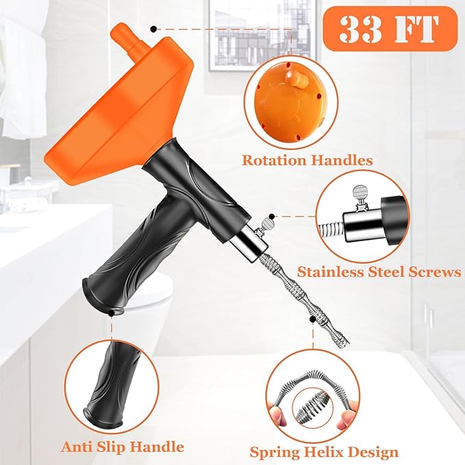 Drain Snake Auger, Plumbing Snake Drain Hair Clog Removal Tool, Sink Unclogger Drain, Heavy Duty Drum Auger, Cleaner Tool for Bathroom Kitchen Tub Shower Drain Clog Remover with Gloves (33 Feet)