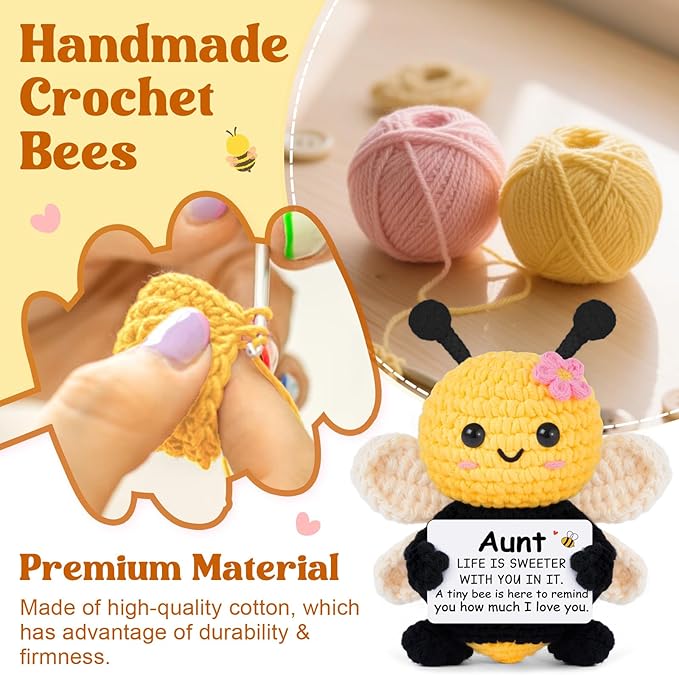 Mothers Day Aunt Gifts from Niece Nephew, Birthday Gifts for Aunt Ideas - Cute Handmade Crochet Bee - Christmas Valentines for Auntie, Emotional Support Crochet Decor