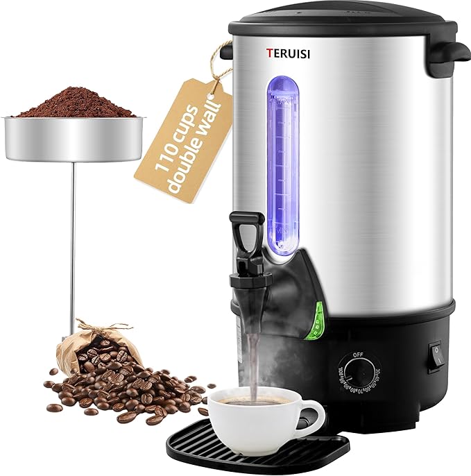 Commercial Coffee Urn, 110 Cup 1300W Hot Water Urn, 16L Large Coffee Maker, Dual Wall Stainless Steel Pot Hot Beverage Dispenser with Filter Basket & Temp Control for Catering, Business, Party