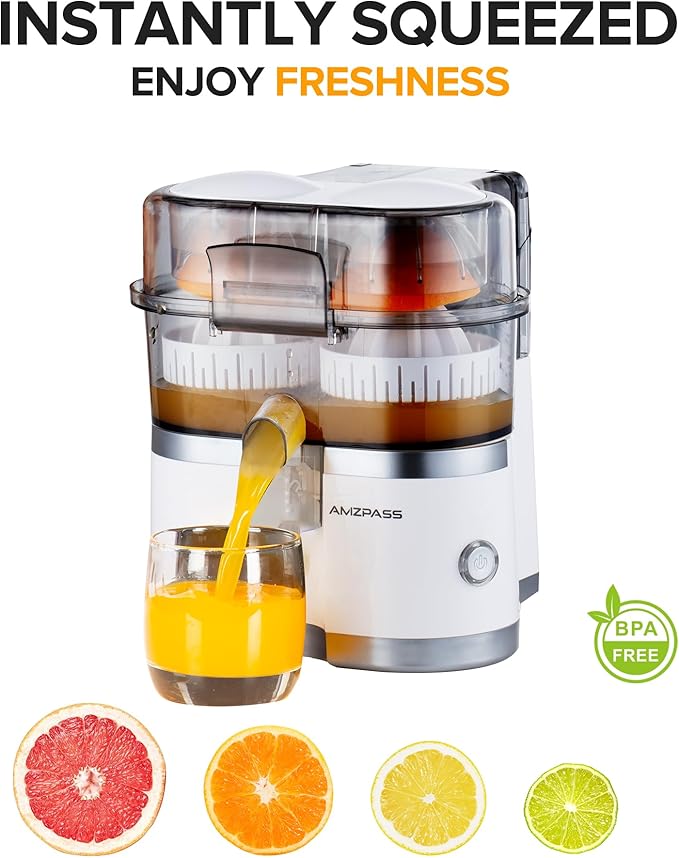 Dual-Head Electric Orange Juicer Squeezer, Citrus Juicer Machines with Power Cord & Cleaning Brush, 1-Touch Automatic Juicer Machine for Orange, Lemon, Lime, High Juice Yield, Built-in Cutter