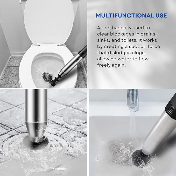 InstaPlunge Pro Electric Plunger System - Unclog and Clear Toilet and Drain Blockage with a Push of a Button, Works in Seconds to Clear Toilets, Shower Drains, Bathroom/Kitchen Sink (Blue/Grey)