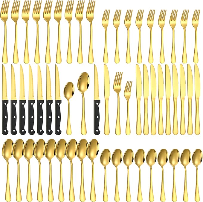 60-Piece Gold Silverware Set with Steak Knives Gold Stainless Steel Flatware Set for 10 Food Grade Tableware Cutlery Set Rust-proof, Mirror Polished, Dishwasher Safe