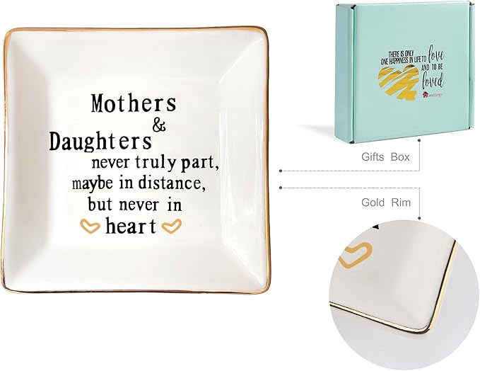 HOME SMILE Mother Gifts From Daughter,Daughter Birthday Gift from Mother, Ring Trinket Dish Jewelry Tray -Mothers and Daughters Never Truly Apart, Maybe in Distance But Heart