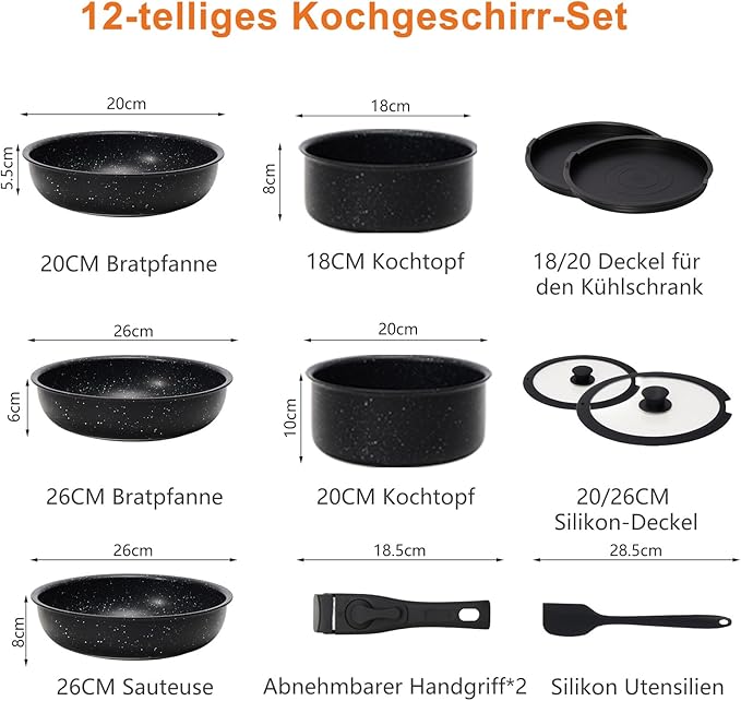 DUMOS 12 Pcs Pots and Pans Set, Nonstick Kitchen Cookware Set, Induction Cooking Sets Detachable Handle, Black