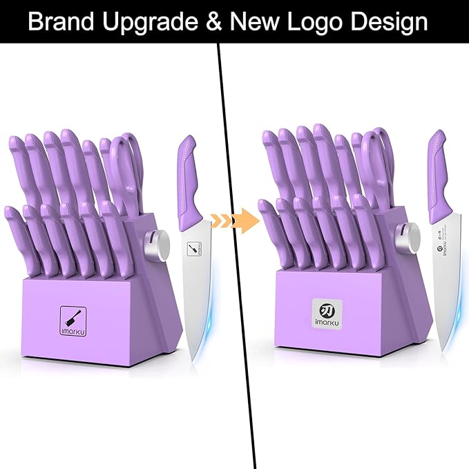 imarku 14-Piece Knife Set with Block, High Carbon Stainless Steel Kitchen Knives with Built-in Sharpener, Ergonomic Non-Slip Handle, Perfect for Home Cooks & Chefs, Purple
