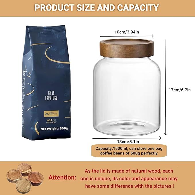 50 Fl oz/1500 ml Clear Glass Jar with Airtight Wooden Screw on Lid, Glass Pantry Canister for 500g Coffee Beans, Kitchen Food Storage Containers for Rice,Flour,Pasta,Sugar,Honey,Tea, Spice,Cereal