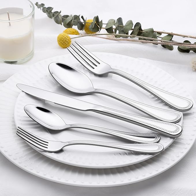 Terlulu 60-Piece Silverware Set for 12, Stainless Steel Flatware, Mirror Polished Cutlery Set, Utensils Include Spoons, Forks, Knives for Home, Restaurant, Beaded Handle, Dishwasher Safe