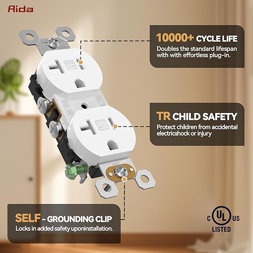 AIDA 20 amp Outlet Duplex Electrical Receptacle Outlets,Tamper Resistant,Heavy-Duty Receptacle Wall Outlet,Residential,TR,3-Wire, Self-Grounding Clip, NEMA 5-20R,UL Listed 50 Pack, White