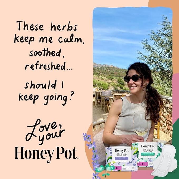 The Honey Pot Company - Calming - Long Panty Liners for Women | 100% Organic Cotton Cover - Calming Herbs of Lavender, Ashwagandha, & Lemon Balm - Feminine Care - 30ct