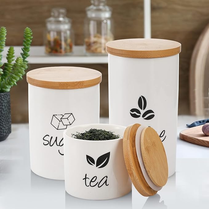 AVLA 3 Pack Ceramic Canister Set, 30/22/12 OZ Kitchen Airtight Food Storage Jar with Bamboo Lids, Coffee Sugar Tea Storage Containers Pots Jars for Counter, Farmhouse Kitchen Decor, White
