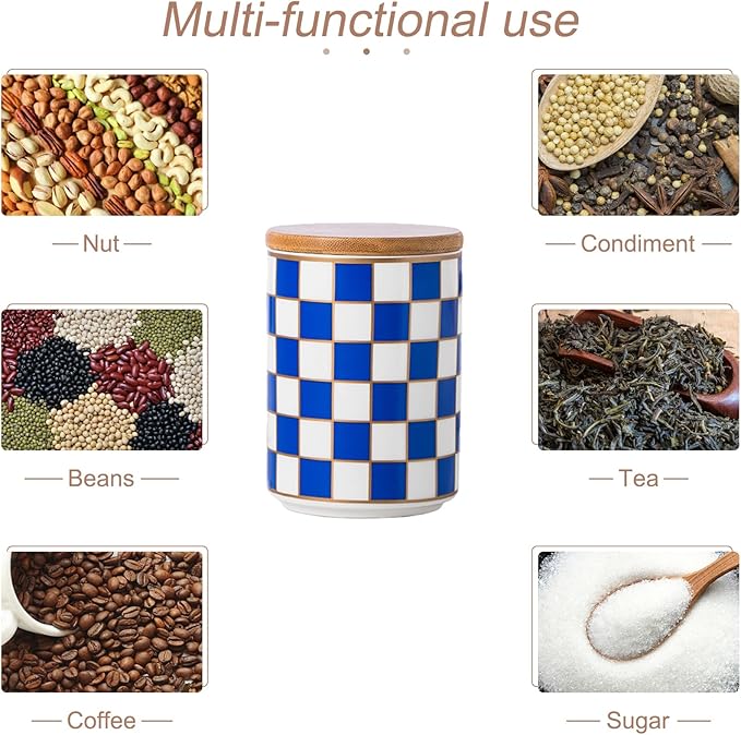 Kitchen Countertop Ceramic Checkered Canisters,Black And White Food Storage Containers With Lid,Airtight Kitchen Canisters for Flour, Sugar, Coffee, Tea, and Dry Goods (Blue, Small)