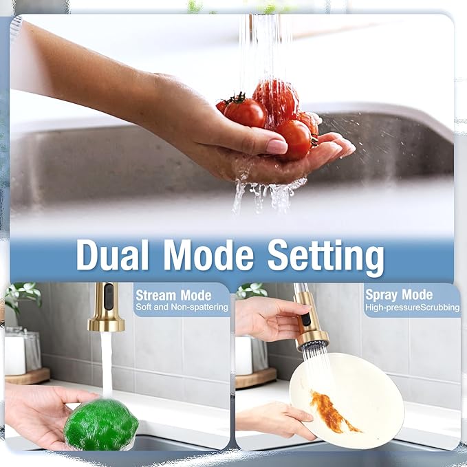 DJS Kitchen Faucets with Pull Down Sprayer Brushed Gold -Single Handle 1 or 3 Holes Spring Kitchen Sink Faucet with Deck Plate for Farmhouse RV Vessel Basin