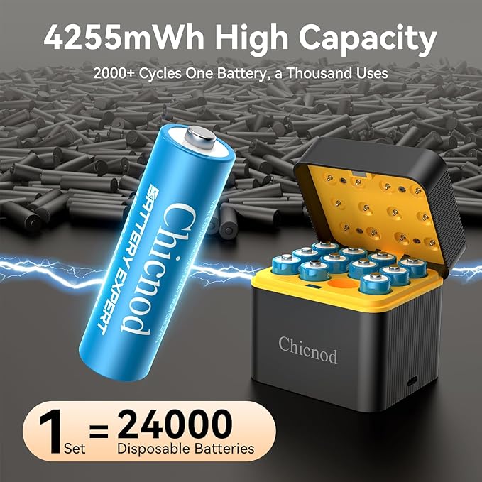 Rechargeable AA Lithium Batteries with Fast USB-C Charger, 12-Pack 4255 mWh 1.5V Constant Voltage for Blink Outdoor Camera, Xbox Controller, Flashlights – 2000+ Cycles
