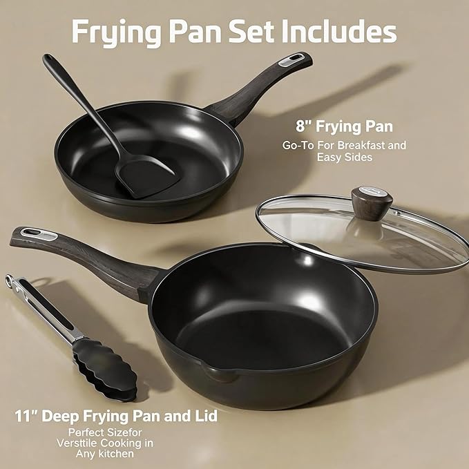Nonstick Cookware Set, Titanium Coating Pan Set, Induction Cookware Oven Safe RV Kitchen Set, PFAS PFOA & PTFE Free, (8+11Inch with Lid)