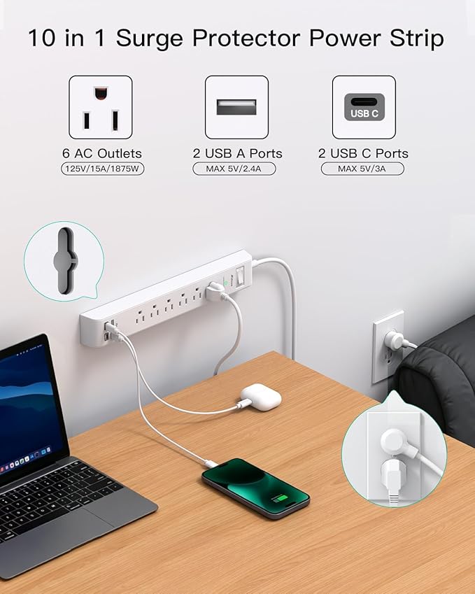 2 Pack Power Strip, 12FT Extension Cord, Surge Protector with 6 Outlets and 4 USB Ports (2 USB C), Extension Cord with Multiple Outlets, Flat Plug Overload Protection, Wall Mount for Home Dorm College