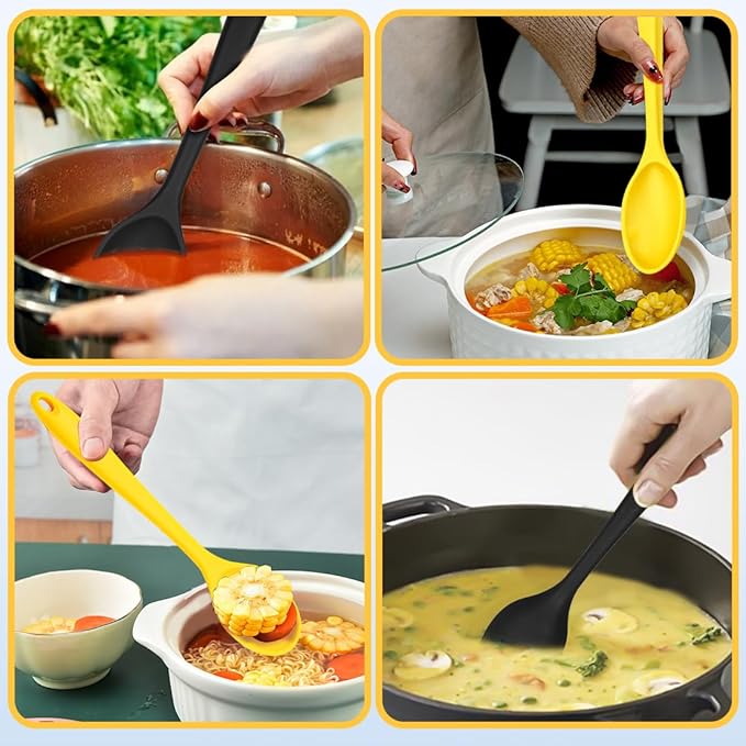 4Pcs Silicone Basting Serving Spoon Silicone Nonstick Mixing Spoon Silicone Spoons for Cooking Heat Resistant Non Stick Serving Spoon for Kitchen Cooking,Baking,Stirring (Black+Yellow)