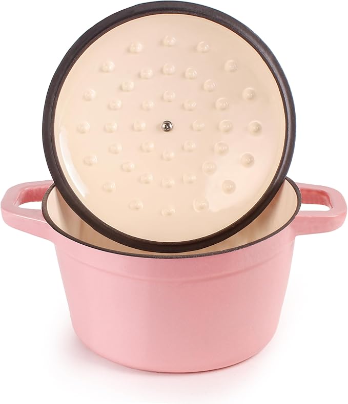 BergHOFF Neo 4Pc Enameled Cast Iron Cookware Set, Grill Pan 11 inches, Fry Pan 10 inches, 3qt. Dutch Oven, Matching Lid, Fast, Evenly Heat, Oven Safe (Pink)