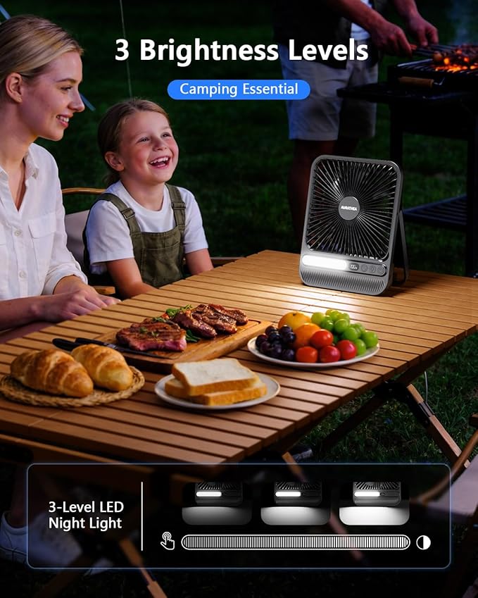 10000mAh Travel Fan, 7“ Portable Desk Fan, Ultra-thin Rechargeable Camping Fan with LED Light, Display, Timer for Camping, Office, Bedroom, Outdoor, Cruise Ship Essentials