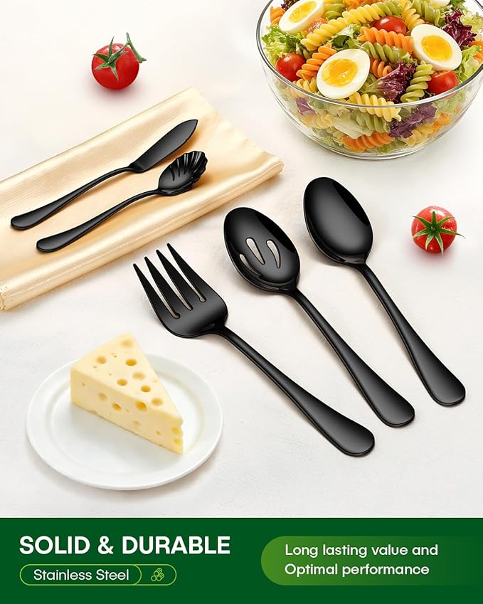 PHILIPALA 65 Piece Black Silverware Set with Serving Utensils, Stainless Steel Flatware Set for 12 Food Grade Cutlery Utensil Set Include Knife Fork Spoon Mirror Polished Dishwasher Safe