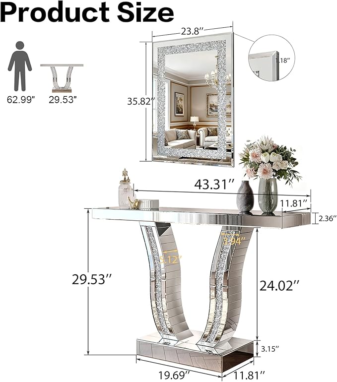 SSLine Modern Mirrored Entryway Table with Rectangle Wall Mirror Set of 2 Luxury Silver Mirror Console Table with 36x24inch Decor Mirror,Crush Diamond U-Shape Hallway Table for Living Room Entrance