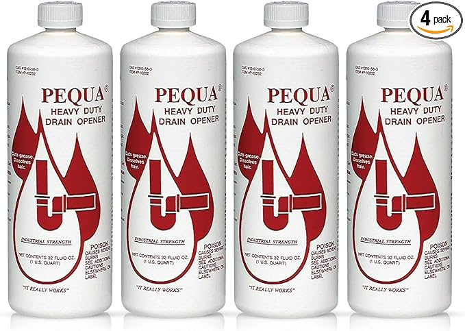 PEQUA INDUSTRIES Pequa Heavy Duty Drain Opener, Non-Acid, Fast-Acting Formula, Industrial strength Drain Cleaner for Sinks, Tubs, Septic Tanks - 32 Oz (4)