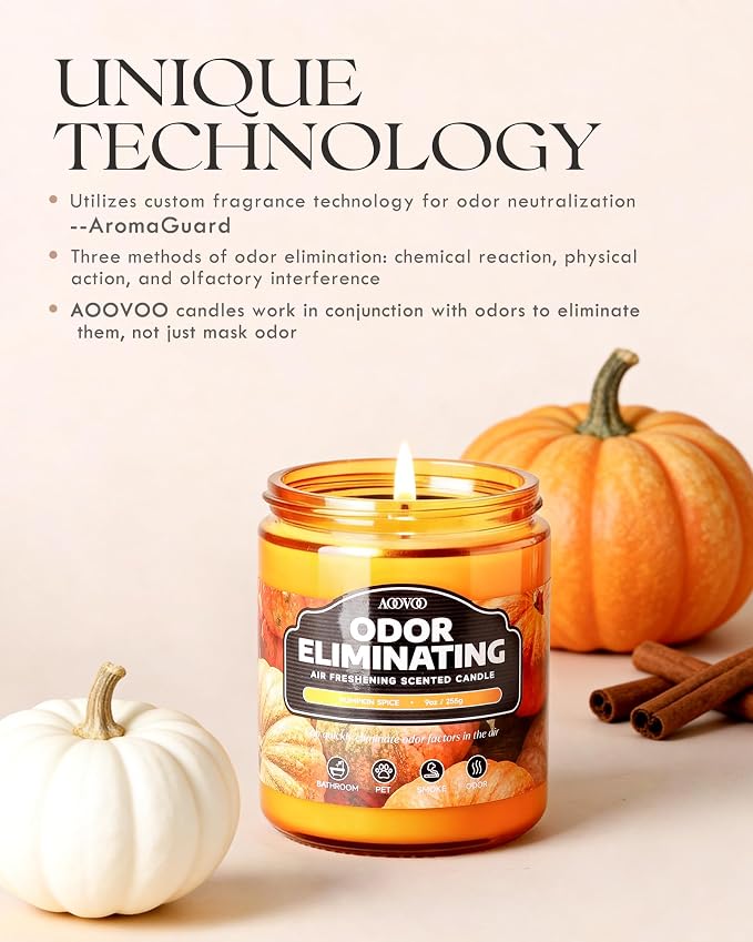 AOOVOO 4 Pack Odor Eliminating Fall Candle Set - Eliminates 95% of Pet, Smoke, Food, and Other Smells Quickly, Air Freshing Soy Candle, Pumpkin Spice/Apple Cinnamon/Spiced Clove/Cinnamon