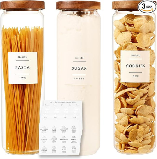 3 Pack Glass Canisters with Airtight Acacia Lids and 132 Kitchen Pantey Labels Preprint - 51 Fl Oz Borosilicate Glass Pantry Storage Jars Containers with Wooden Lids for Pasta,Spaghetti,Cereal,Noodles