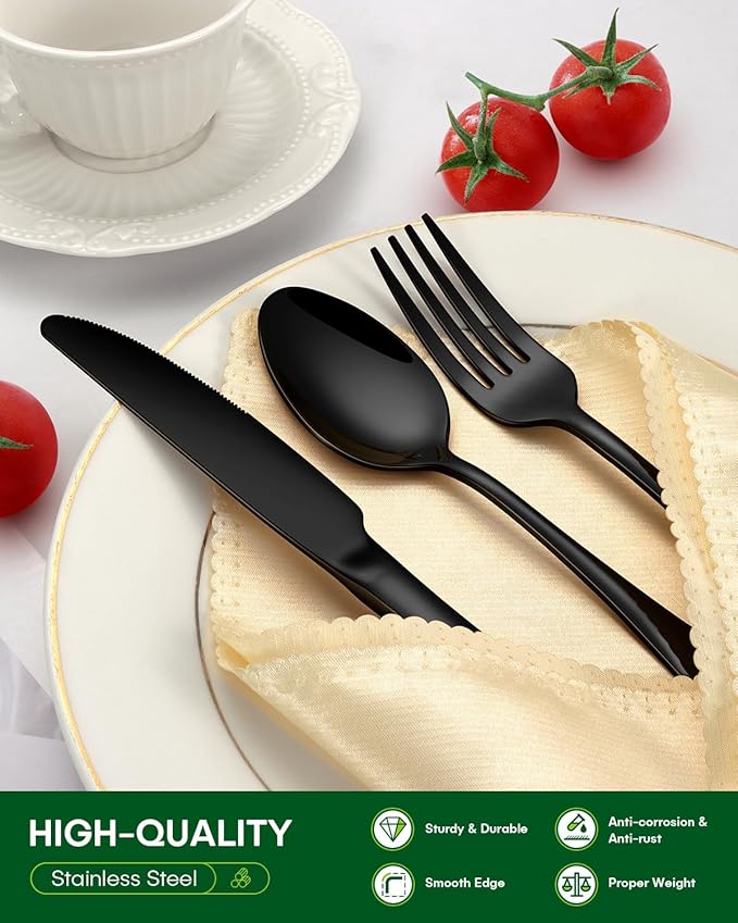 PHILIPALA 45 Piece Black Silverware Set with Serving Utensils, Stainless Steel Flatware Set for 8 Food Grade Cutlery Utensil Set Include Knife Fork Spoon Mirror Polished Dishwasher Safe