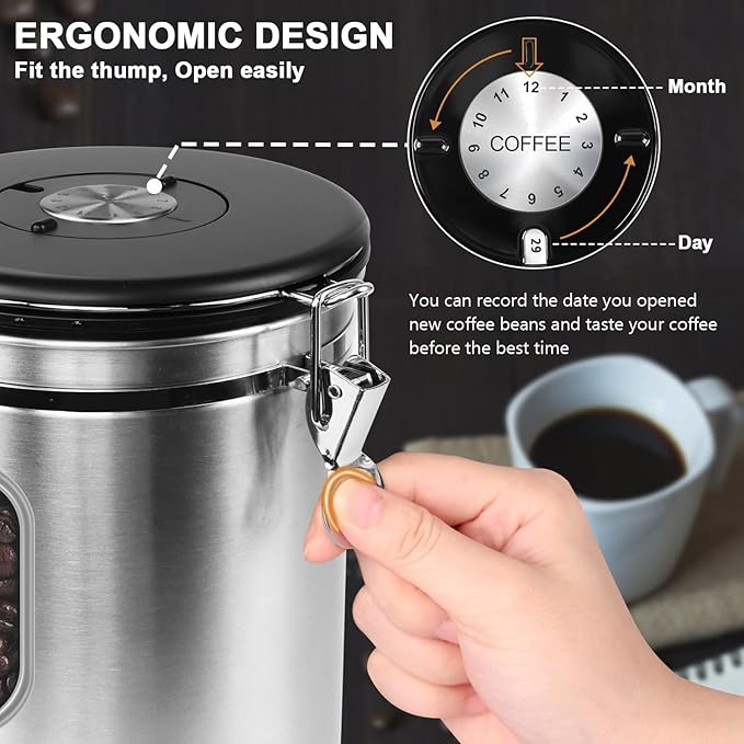 Airtight Coffee Canister with Date Tracker&Transparent Window, 35OZ Coffee Container with 30ML Measure Spoon&4 co2 Valve, Coffee Bean Storage Container for Grounds Coffee, Beans, Tea(Silver)