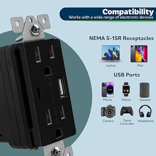 TOPGREENER 2-Port USB Outlet, Type C USB Wall Charger Outlet, 15 Amp TR Receptacle Plug, Charging Power Outlet with USB Ports, Electrical USB Socket, UL Listed, TU21536AC-BK-6PCS, Black, 6 Pack
