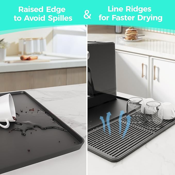 2-in-1 Coffee Mat & Dish Drying Mat Coffee Bar Mats for Countertop Coffees Matt for Counter Silicone Coffees Espresso Machine Station Mats Under coffe Maker Spill Matt Countertops Pot 24×16inch