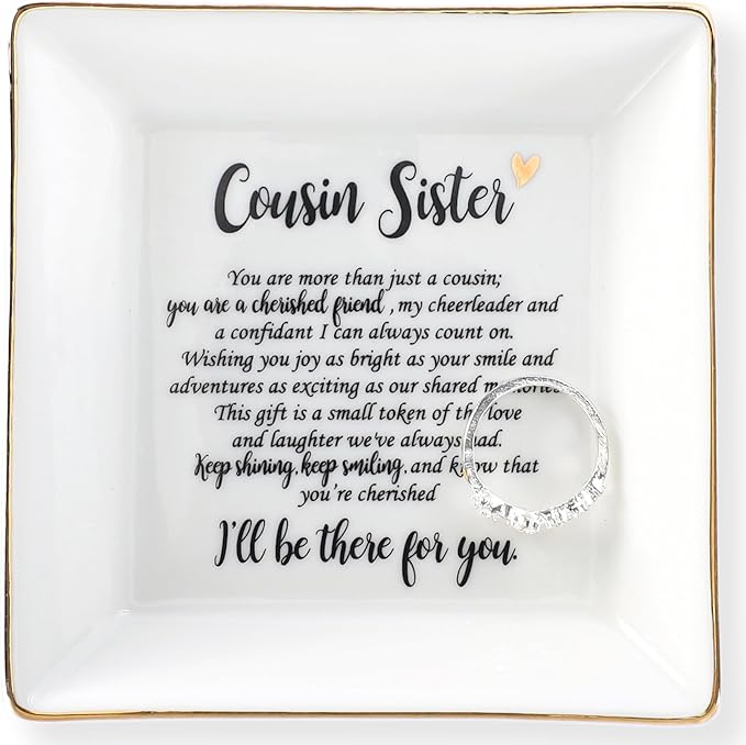 HOME SMILE Cousin Sister Gifts Mother's Day,Ceramic Ring Jewelry Dish Tray Plate for Birthday Graduation Christmas Wedding-You are More Than Just a Cousin,You Are a Chrished Friend