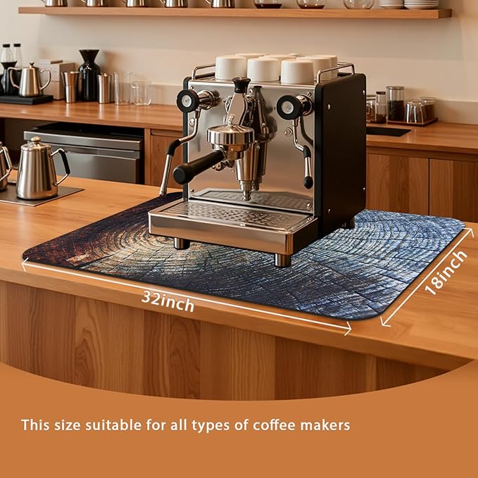 Coffee Mat 32x18 Inch, Wood Grain Counter Top Mat, Absorbent Hide Stain Rubber Backed Dish Drying Mat for Kitchen Counter, Bar Mats for Countertops, Under Coffee Bar Maker Machine Pot Espresso Staion