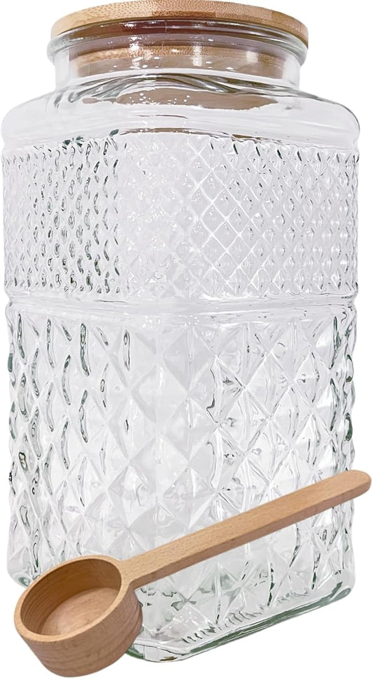Viovian 1 Gallon Glass Jar with Lid Spoon 120 OZ Square Wide Mouth Glass Storage Jars Airtight Large Vintage Canister Container for Candy Cookie Sugar Coffee Tea Nuts Flour Dog Treat Laundry Pods