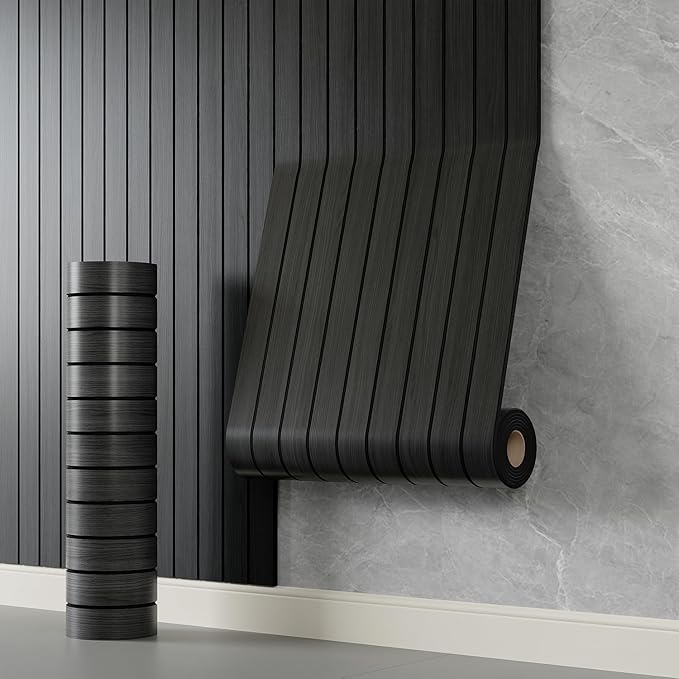 YLL YLL PVC Slat Wall Panel Peel and Stick 236"x 15.7" Faux Black Wood Grain Slat Panel Self-Adhesive Wallpaper Soundproof 3D Wall Panels
