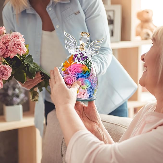 Gifts for Mom Birthday Gifts for Women Preserved Rose Forever Flower in Glass Angel Figurines Fresh Flowers for Delivery Anniversary Mothers Day Real Colorful Roses for Grandma Her Wife from Daughter