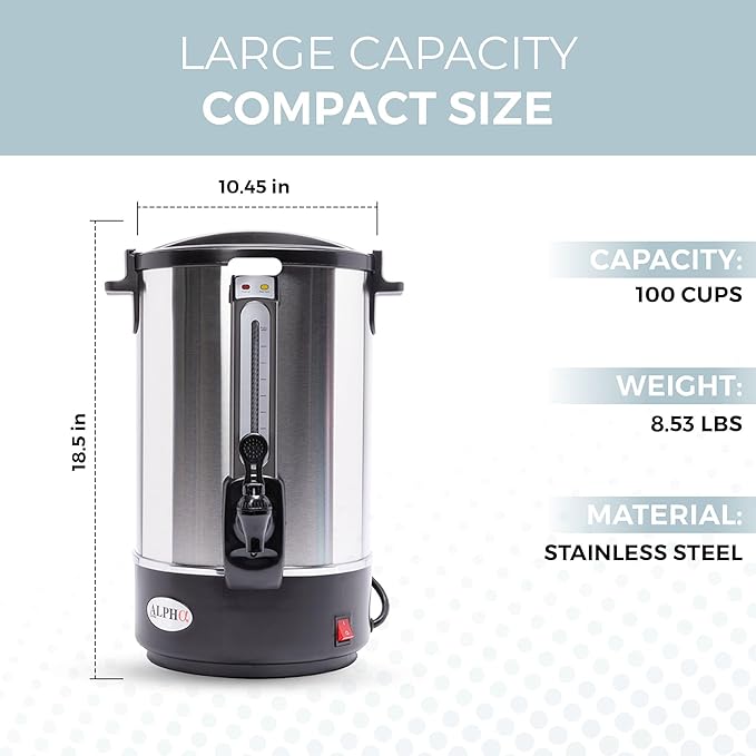 ALPHA LIVING 100 Cups Electric Coffee Urn – Stainless Steel Large Capacity Electric Kettle Percolator Coffee Pot – Ideal Hot Beverage Dispenser for Catering, Hotels, Restaurants –Leak-Proof Tap