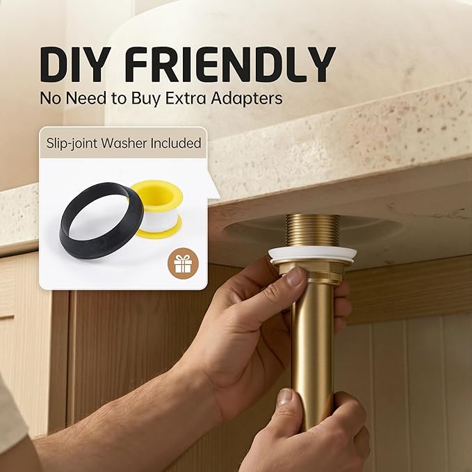 KES All-Metal Pop Up Bathroom Sink Drain, Extended Thread for Thicker Vessel Sinks & Countertops, Durable Brass & Stainless Steel, No Overflow, Brushed Gold, S2022D-BZ