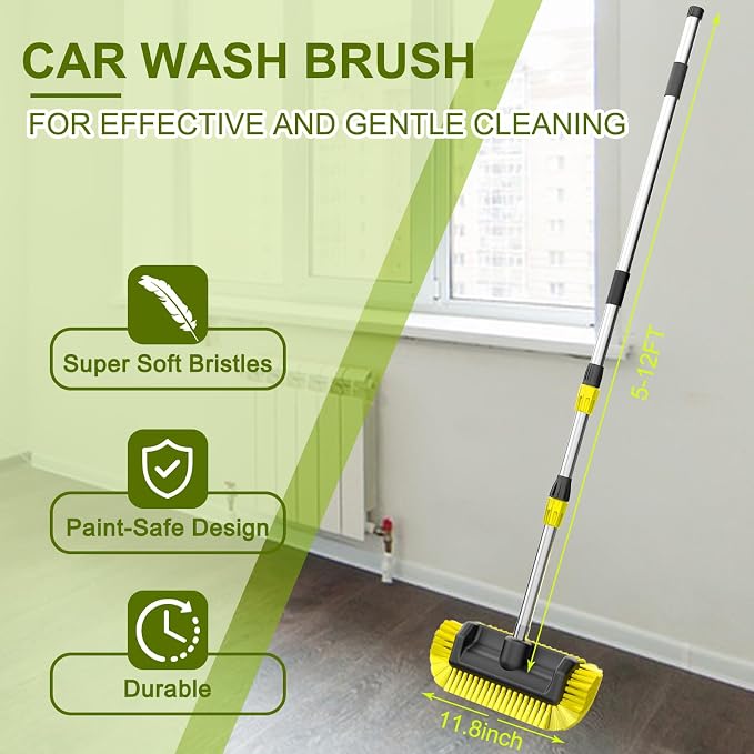 12FT Car Wash Brush with Long Handle, Telescopic Car Wash Brush with Soap Dispenser, 12-Inch Soft Bristle Car Cleaning Brush for Cleaning Car, RV, Truck, Boat, Solar Panels