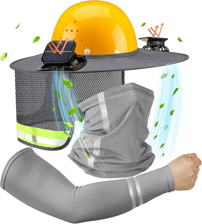 1 Set Sun Hard Hat Shade Full Brim Hard Hat Sun Visor with 2 Solar Fans and Neck Sunshade Cover UV Reflective Strap Arm Sleeves for Construction Workers Outdoor Protection(Grey)