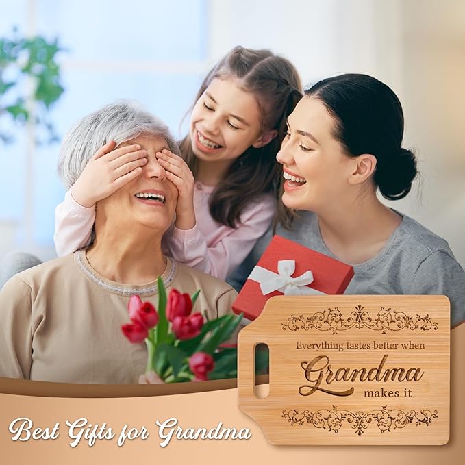 AceThrills Mothers Day Gifts for Grandma Gifts for Birthday from Grandkids - Engraved Bamboo Cutting Board 12.3"L x 8.7"W x 0.4"Th (Everything Tastes Better)