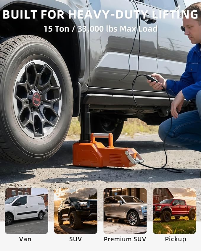 Electric Car Jack 15 Ton, 12V Heavy-Duty Hydraulic Jack with LED Light, Electric Floor Jack for Truck SUV RV Van, Lifting Range 7.9–20.5 Inches