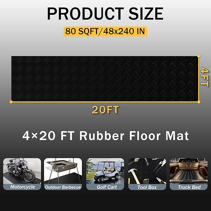 StellarStar 4x20 FT Garage Floor Mat, 2mm Thickened Ribbed PVC Diamond Plate Garage Mat with 20PCS Tapes, Rubber Flooring Rolls for Under Car, Rubber Motorcycle Mat for Golf Cart, Trailer, Black